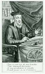 Michel de Nostredame (Nostradamus) (1503-66) schreibt seine Prophezeiungen, graviert von Jean Sauve (fl.1660-91)